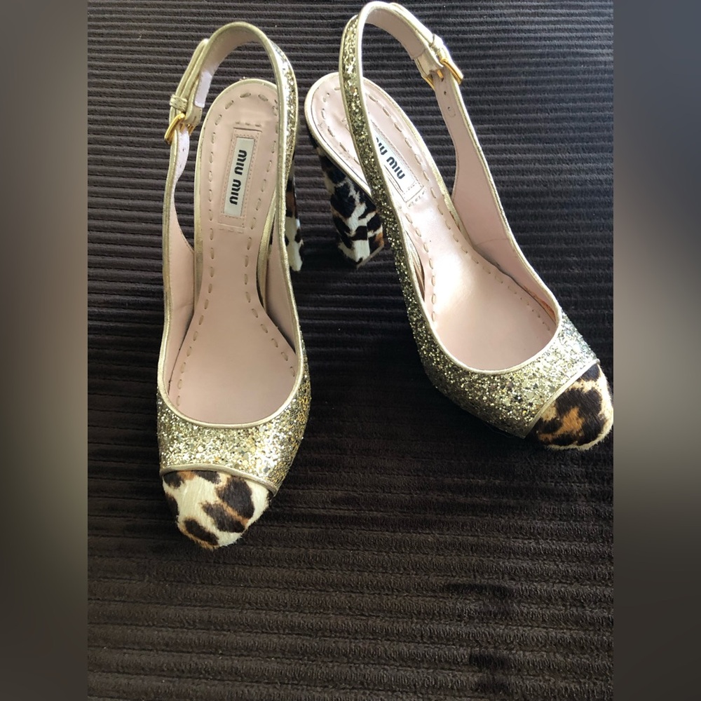 MIU MIU Gold Glitter Pony Hair Slingback Shoes Size 37
